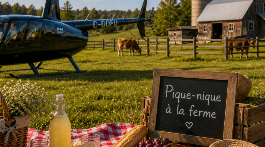 A farm picnic setup with food and drinks on a red checkered blanket, « Pique-nique à la ferme » sign, a helicopter ready for flight, horses, and a barn in the background on a sunny day. A farm picnic setup with food and drinks on a red checkered blanket, "Pique-nique à la ferme" sign, a helicopter ready for flight, horses, and a barn in the background on a sunny day.