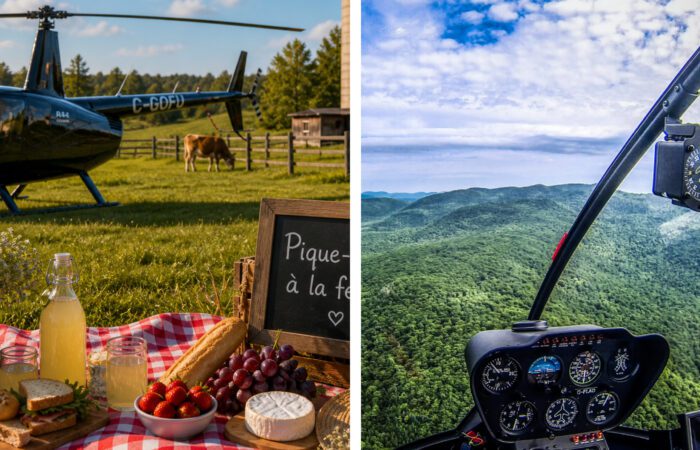 Two-panel image: left features a helicopter beside a charming farm picnic with food and drinks on a blanket in a field; right captures the scenic view from the cockpit during flight over rolling green hills.