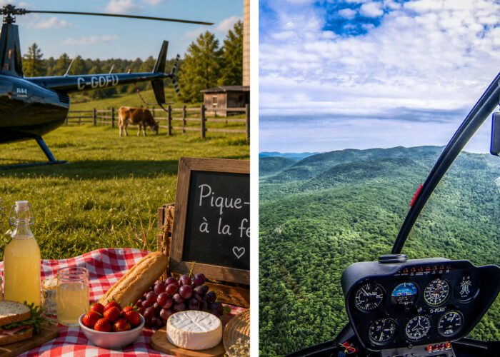Two-panel image: left features a helicopter beside a charming farm picnic with food and drinks on a blanket in a field; right captures the scenic view from the cockpit during flight over rolling green hills.