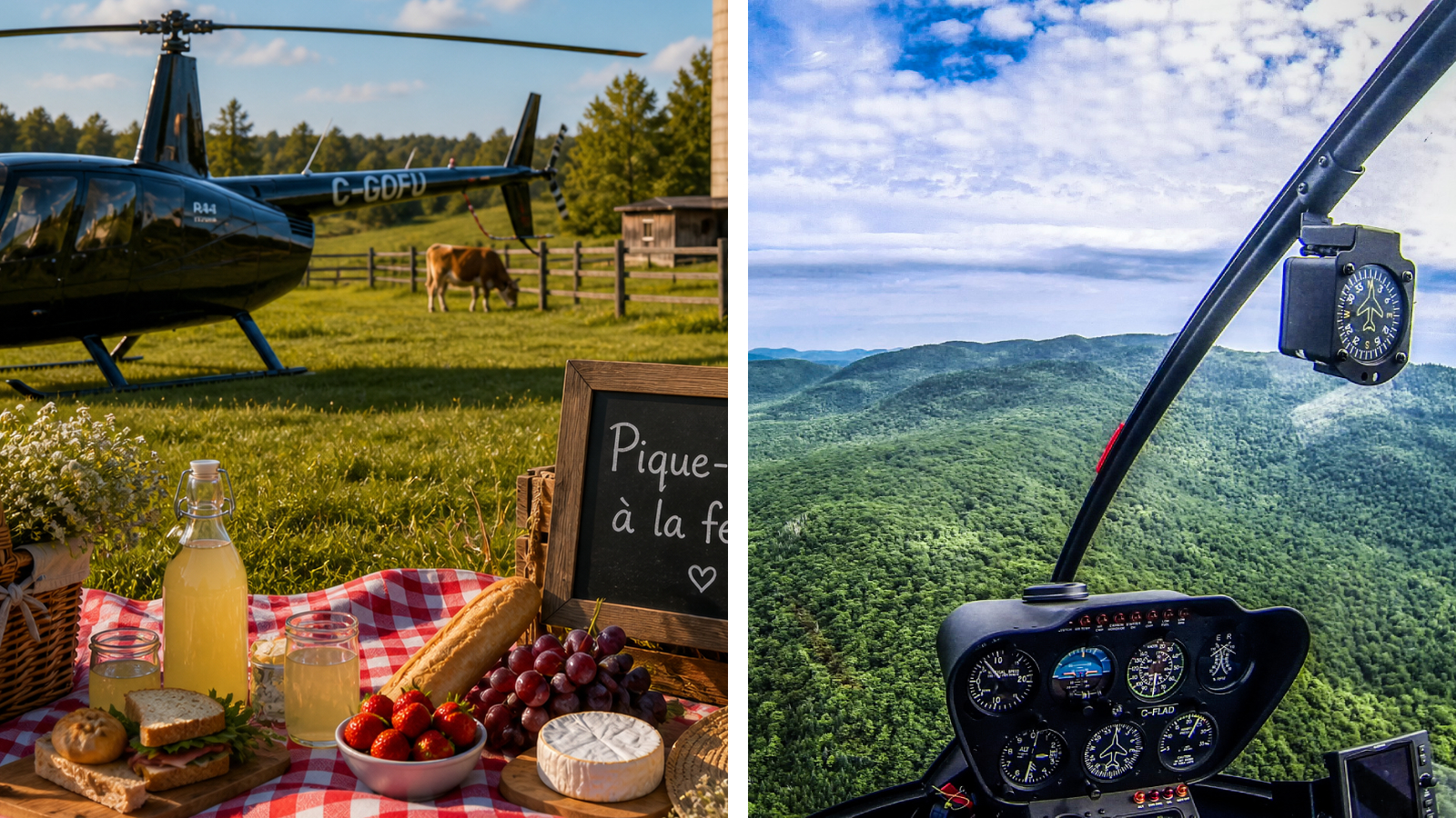 Two-panel image: left features a helicopter beside a charming farm picnic with food and drinks on a blanket in a field; right captures the scenic view from the cockpit during flight over rolling green hills.