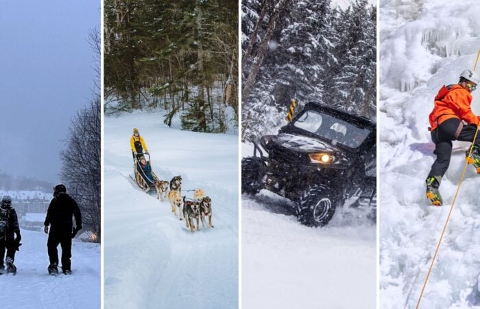 Four winter activities shown—snowshoeing, dog sledding, off-road vehicle driving in snow, and ice climbing—each separated in vertical panels. Experience some of the top 10 winter activities that make Mont-Tremblant an unforgettable destination.