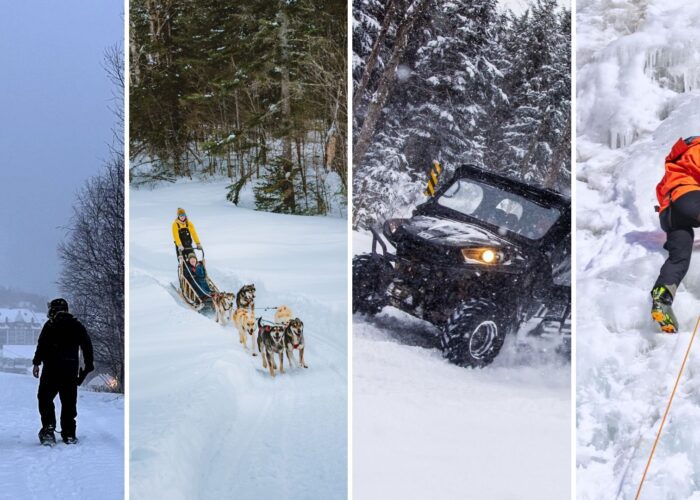 Four winter activities shown—snowshoeing, dog sledding, off-road vehicle driving in snow, and ice climbing—each separated in vertical panels. Experience some of the top 10 winter activities that make Mont-Tremblant an unforgettable destination. Four winter activities shown—snowshoeing, dog sledding, off-road vehicle driving in snow, and ice climbing—each separated in vertical panels. Experience some of the top 10 winter activities that make Mont-Tremblant an unforgettable destination.