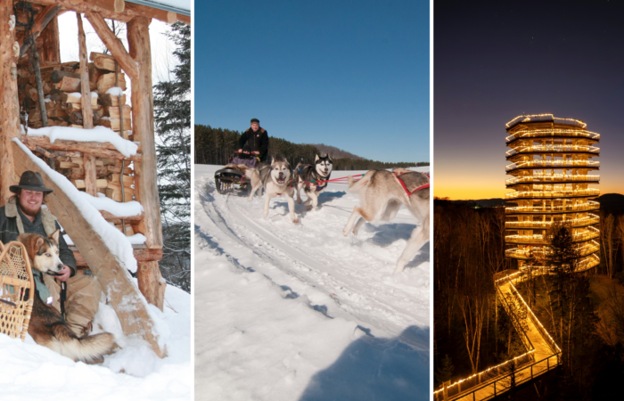 A three-part winter adventure image showing a man with a husky and snowshoes by a woodpile, a person mushing a team of huskies, and a spiraling wooden observation tower at Mont-Tremblant at night.