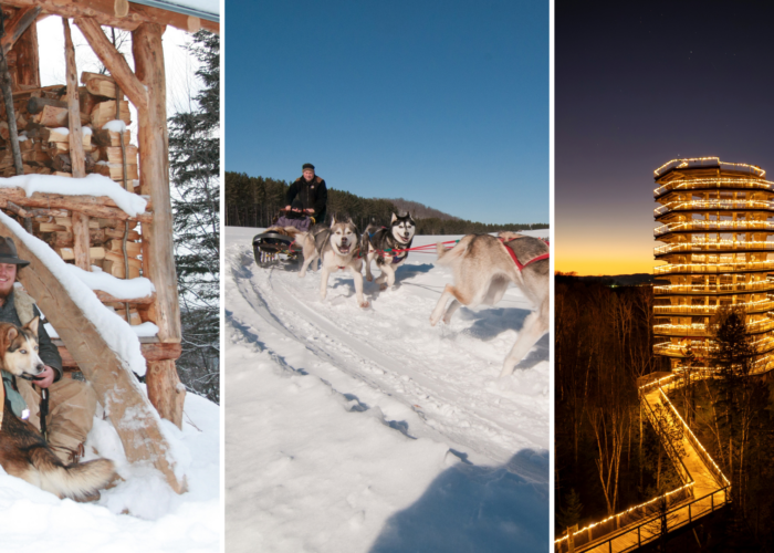A three-part winter adventure image showing a man with a husky and snowshoes by a woodpile, a person mushing a team of huskies, and a spiraling wooden observation tower at Mont-Tremblant at night. A three-part winter adventure image showing a man with a husky and snowshoes by a woodpile, a person mushing a team of huskies, and a spiraling wooden observation tower at Mont-Tremblant at night.